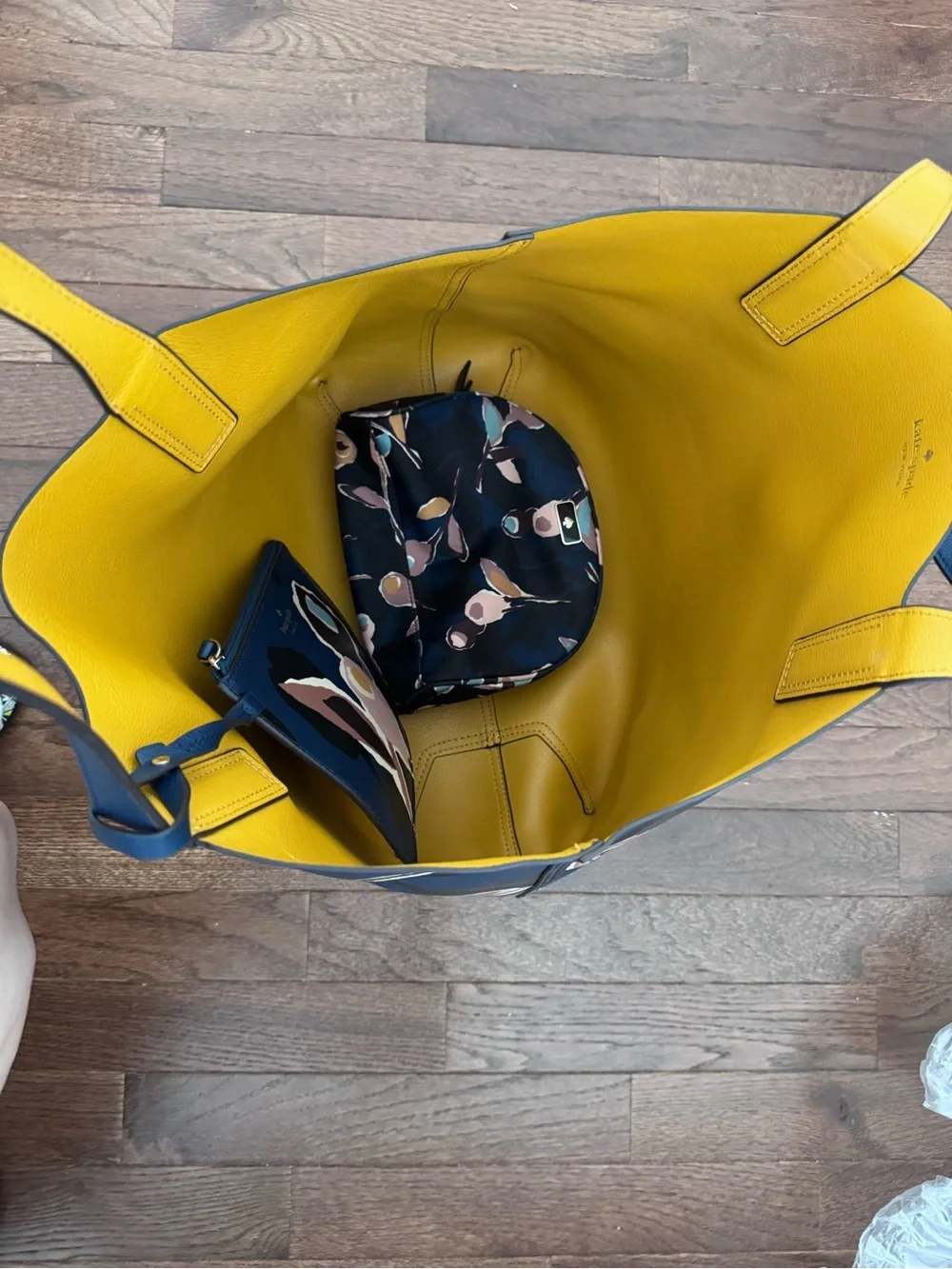 kate spade navy floral tote with yellow interior